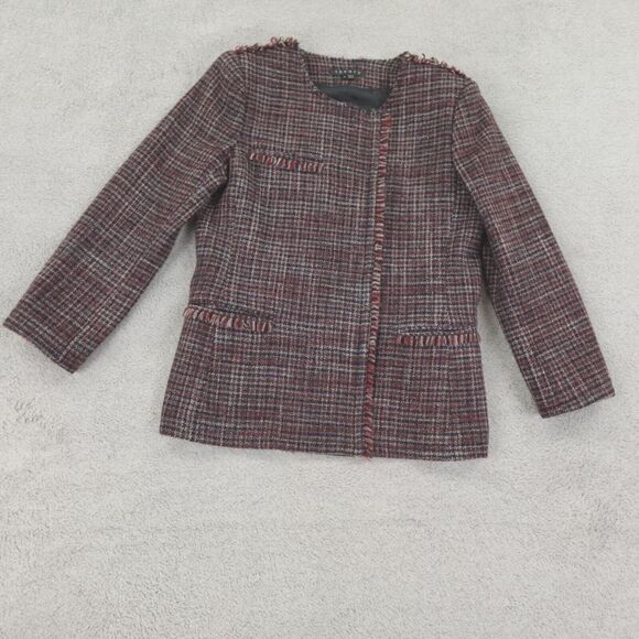 Theory Blazer Womens 8 Tweed Plaid Wool‎ Red Navy White Fringe 3/4 Sleeve Career - Picture 1 of 16